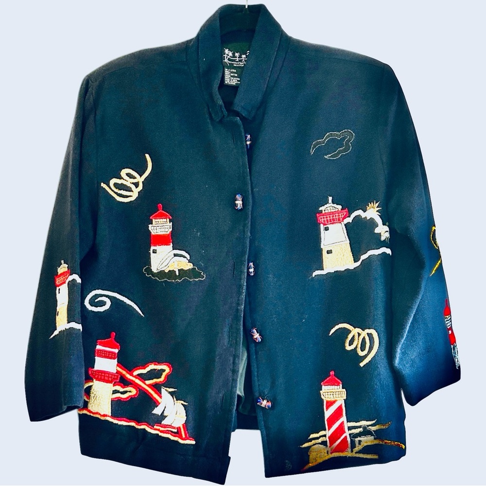 Puffin Island Sportswear navy gold accent vintage lighthouse cotton jacket Sz S